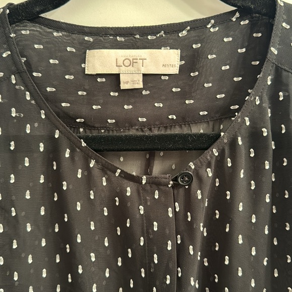 Sheer black Loft blouse with silver ribbon accents. - Picture 4 of 6